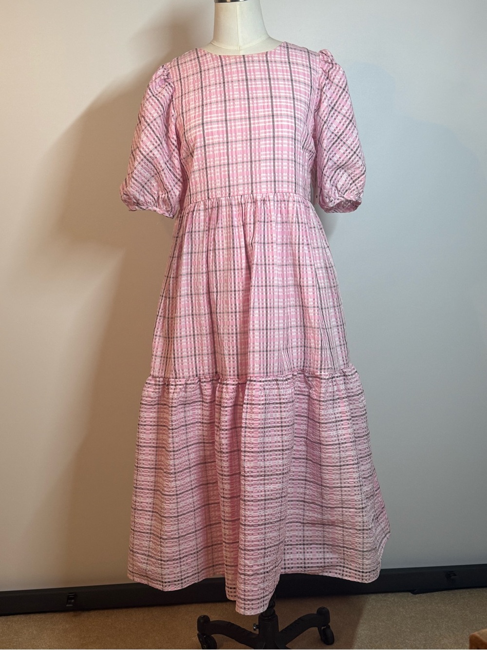 English Factory Pink Plaid Tiered Midi Dress